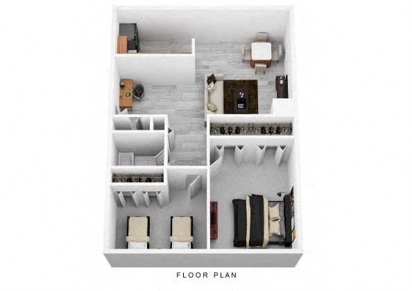 Floor plan for 2 beds, 1 bath, 950 sqft